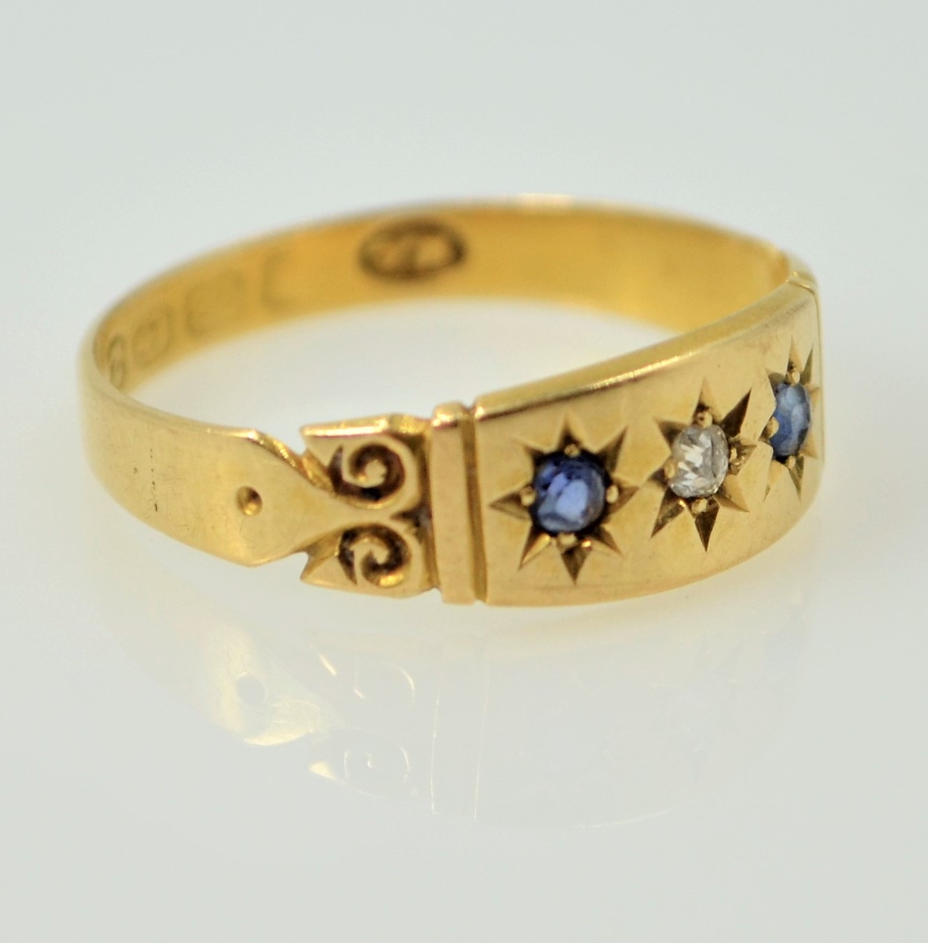 18ct gold three stone sapphire and diamond ring Birmingham 1899 Condition Report 1. - Image 2 of 2