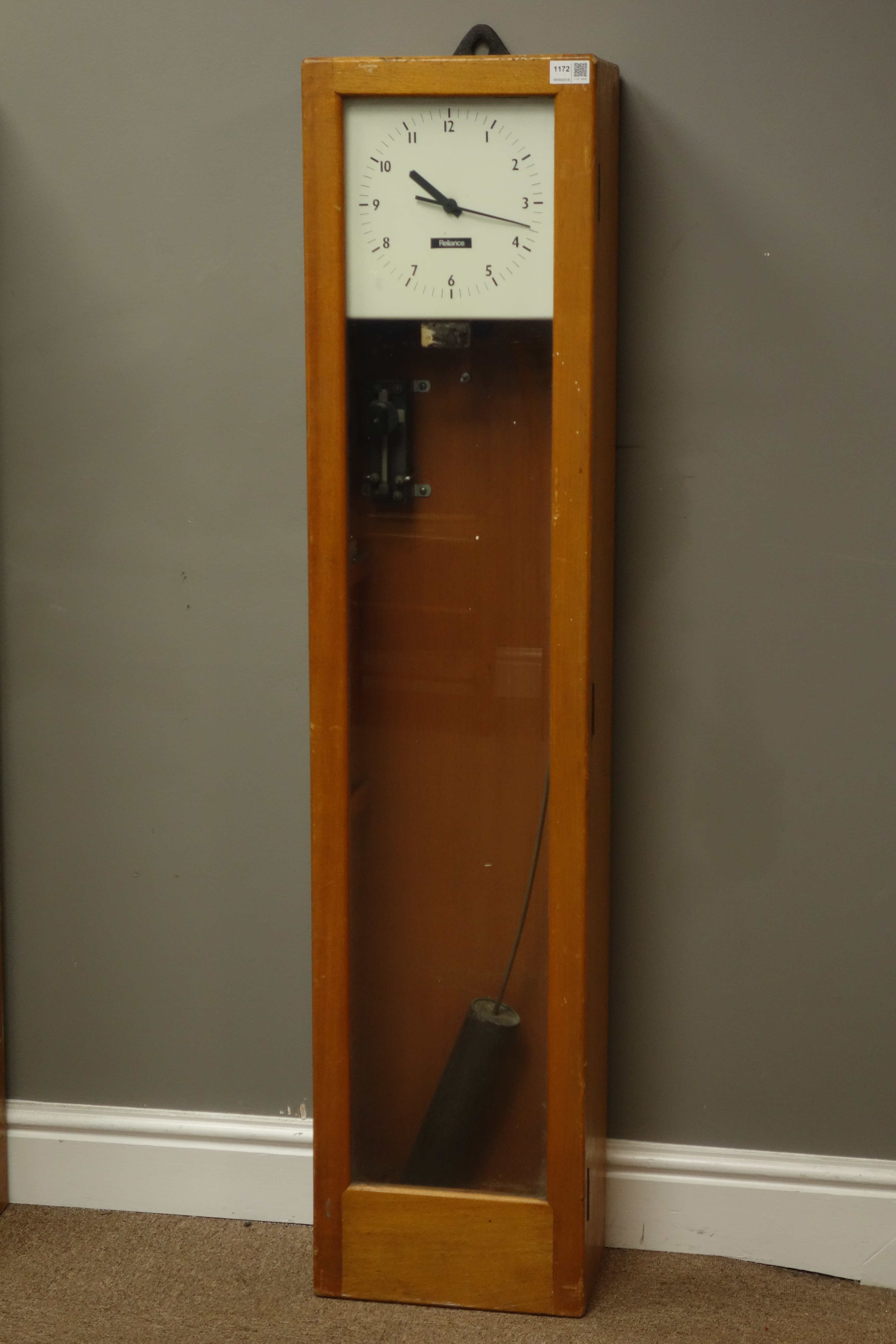 Gents' of Leicester teak cased electric master clock with pendulum, enclosed by glazed door,