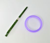 18th/19th century spinach jade hair pin silver mount and a lavender jade bangle Condition