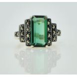 Silver stepped marcasite and green stone dress ring stamped 925 Condition Report