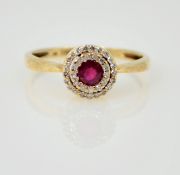 Gold ruby & diamond halo set ring hallmarked 9ct Condition Report size M-N 2.