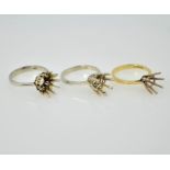 Three 18ct gold crown ring shanks, two white gold,