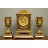 Late 19th century gilt metal architectural clock garniture, stepped pointed arch pediment,