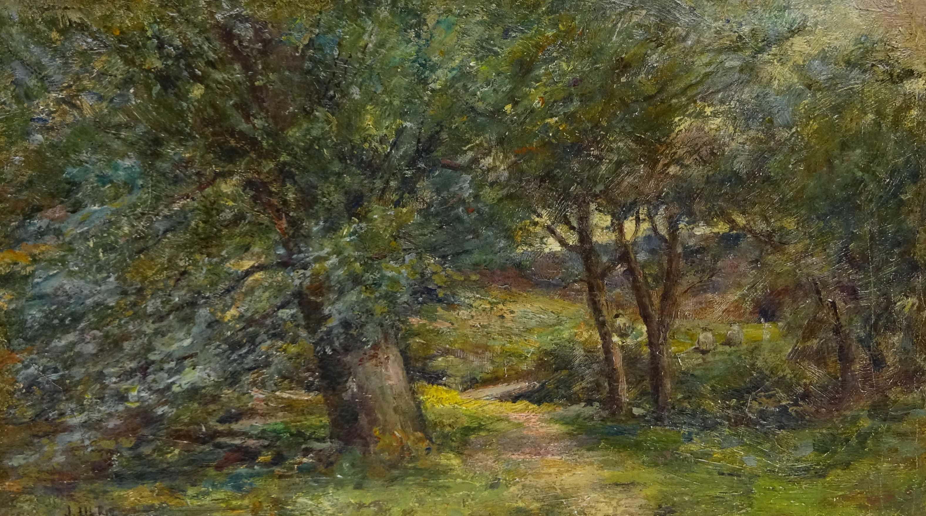 James Ulric Walmsley (British 1860-1954): Woodland Path with Sheep in the Distance,