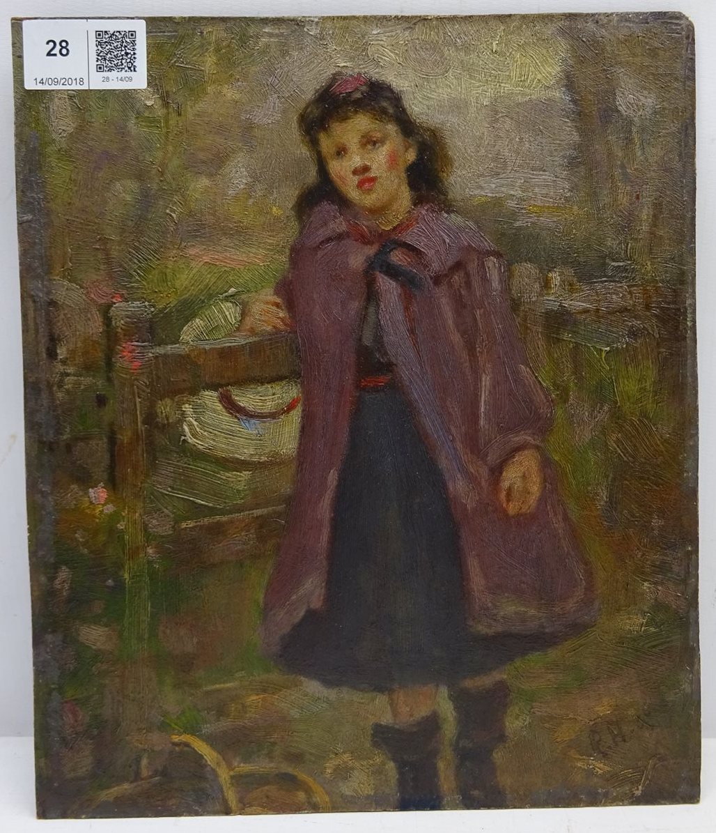 Ralph Hedley (Staithes Group 1851-1913): Girl in a Purple Cape by a Field Gate, - Image 2 of 2