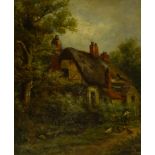 Joseph Thors (British 1843-1898): Thatched Cottage with Figure and Hens,