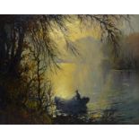 Robert Leslie Howey (British 1900-1981): 'Derwentwater' with a Fisherman in his Boat at Sunset,