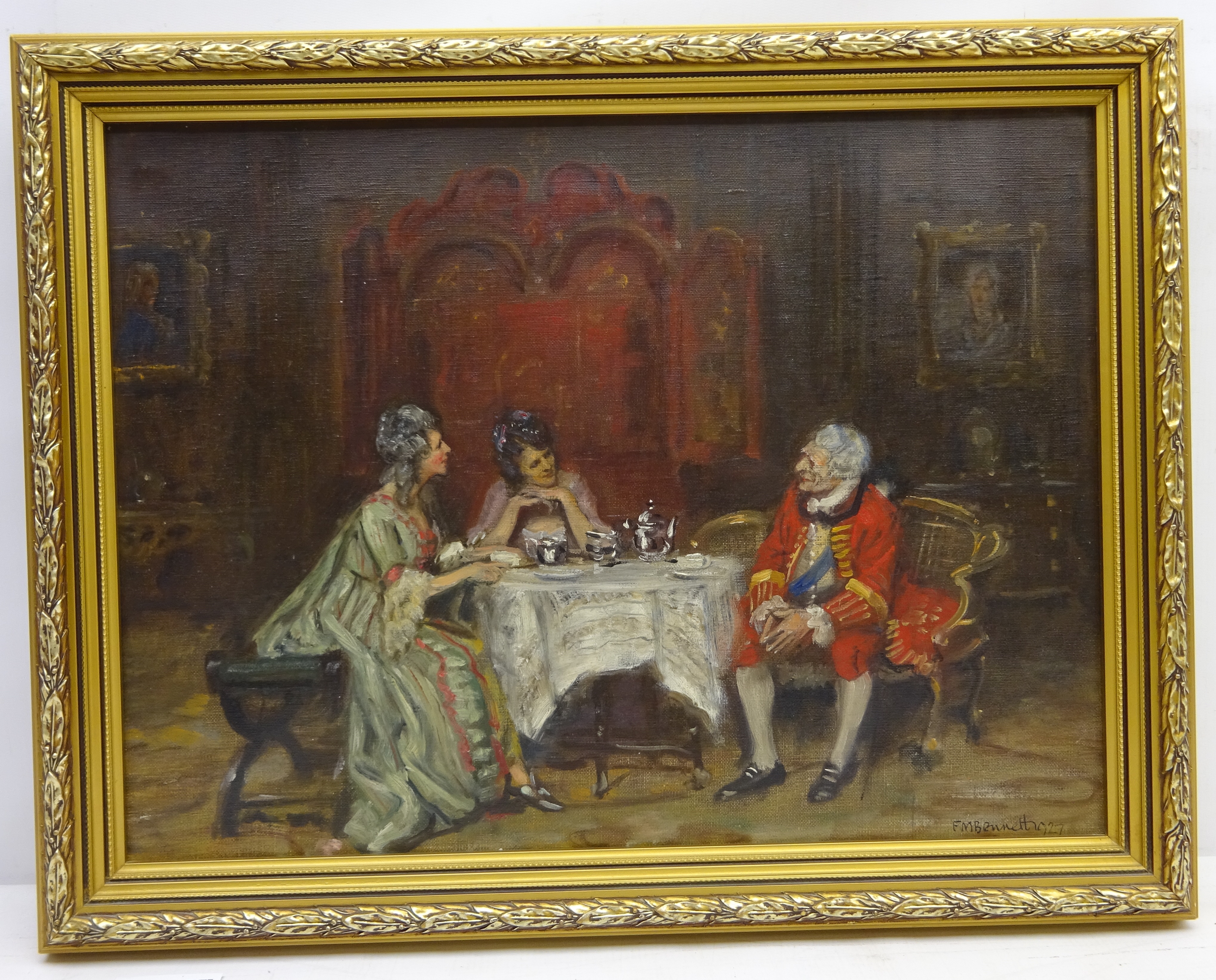 Frank Moss Bennett (British 1874-1953): 'Tea and Scandal', oil on canvas signed and dated 1927, - Image 2 of 2