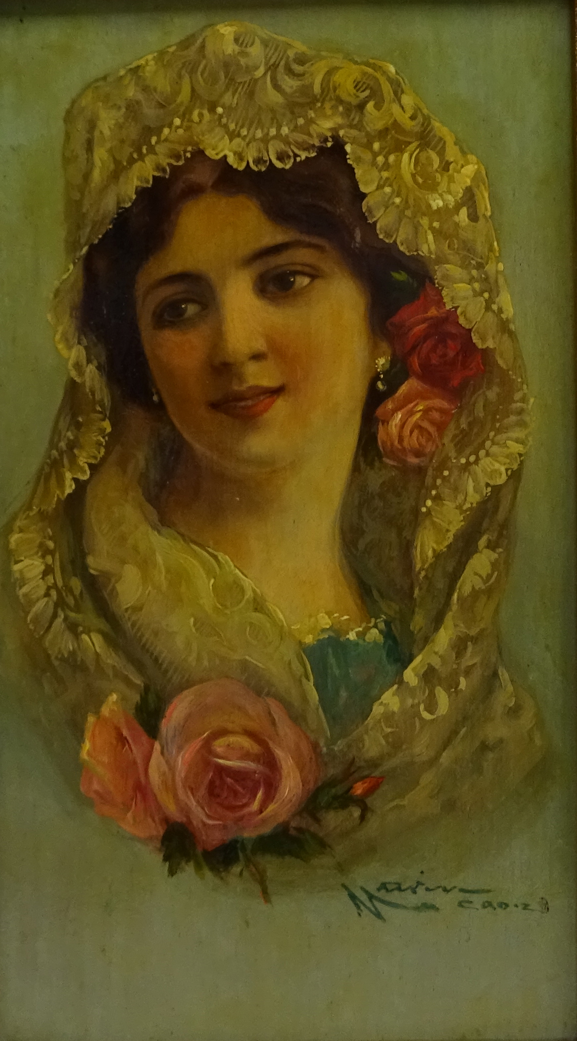 Emile Marin (French 1876-1940): Spanish Bride in a Mantilla Veil with Roses,