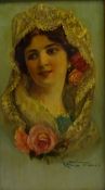 Emile Marin (French 1876-1940): Spanish Bride in a Mantilla Veil with Roses,