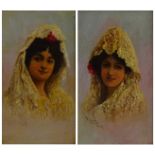 Alfredo Florez (Spanish 19th/20th century): Young Women wearing Mantilla Veils,