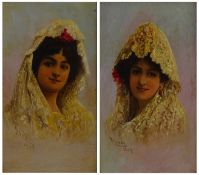 Alfredo Florez (Spanish 19th/20th century): Young Women wearing Mantilla Veils,