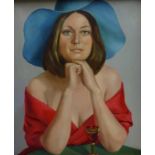 ** Tomlinson (British mid 20th century): Young Woman in a Red Dress and Blue Hat,