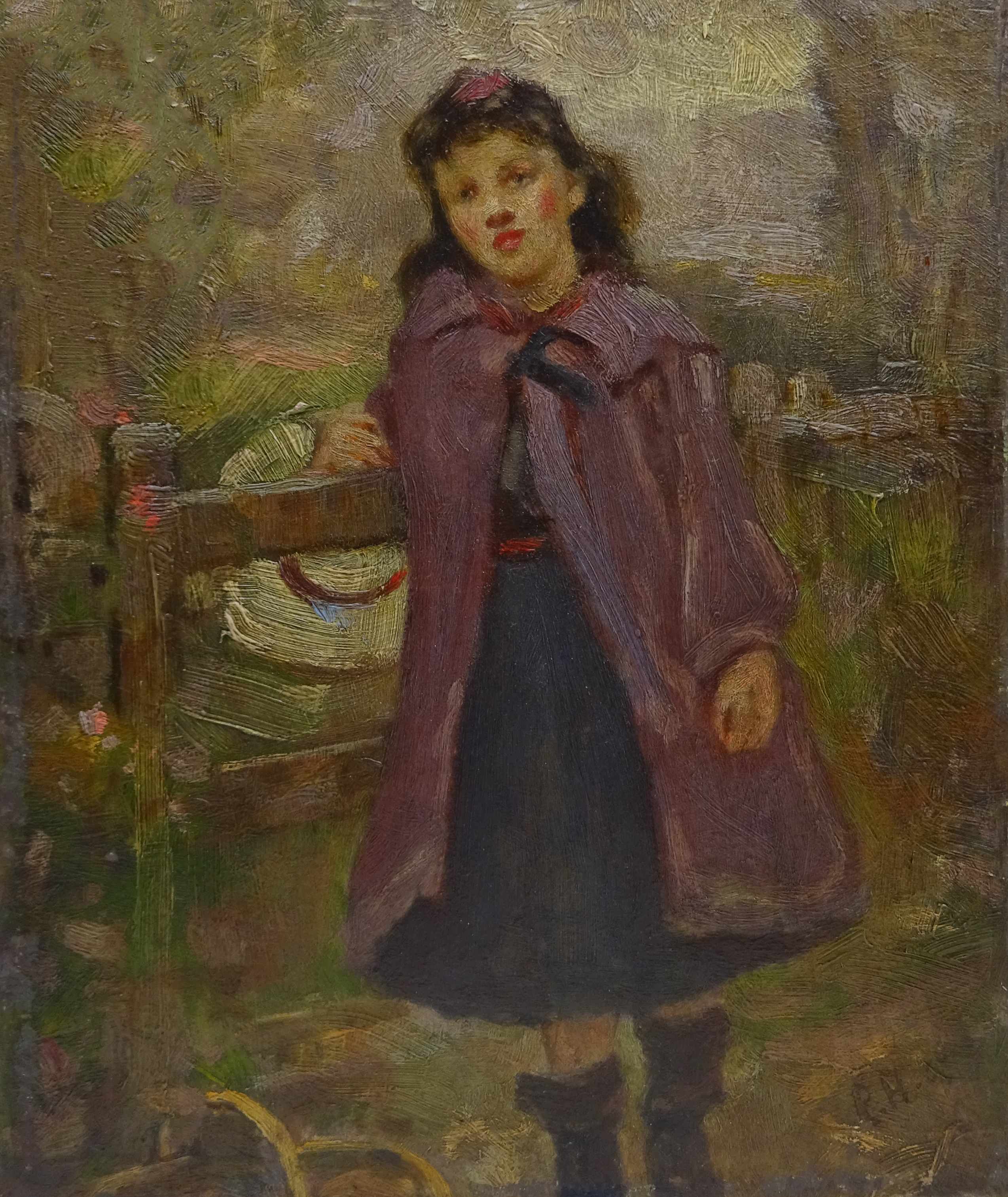 Ralph Hedley (Staithes Group 1851-1913): Girl in a Purple Cape by a Field Gate,