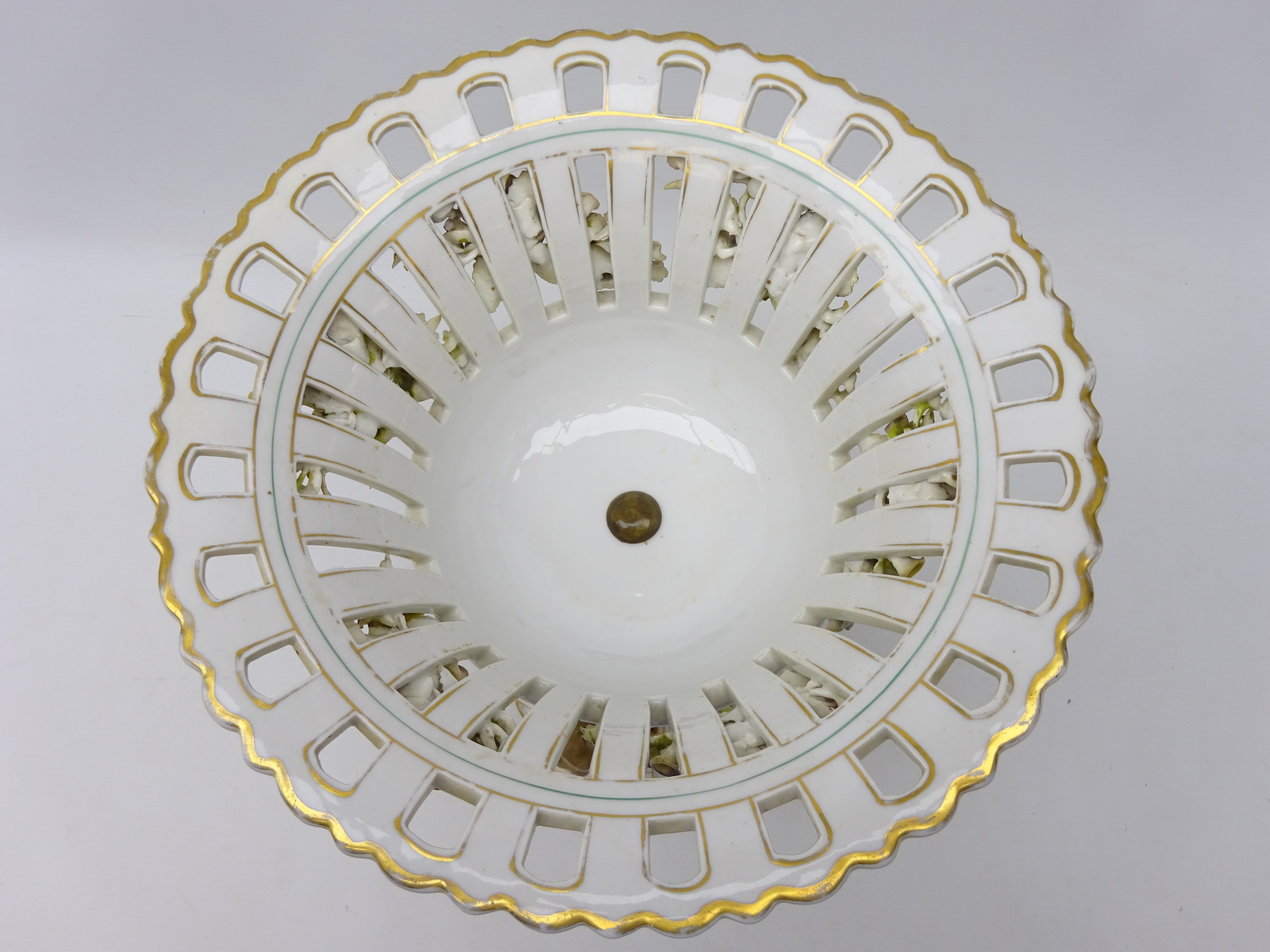 German Sitzendorf porcelain centrepiece, the pierced basket applied with fruit and trailing flowers, - Image 6 of 9
