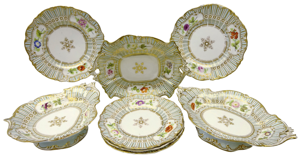 Early to mid 19th century porcelain dessert service comprising shaped serving dish,