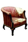 Victorian mahogany upholstered tub shaped armchair, scrolled and moulded exposed arm supports,