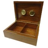 Mahogany and brass bound cigar humidor, with internal dial with two cigar holders,