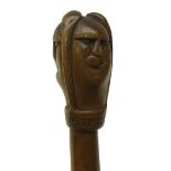 Greek carved walking cane with triple male head finial, the collar inscribed Kepkypa,