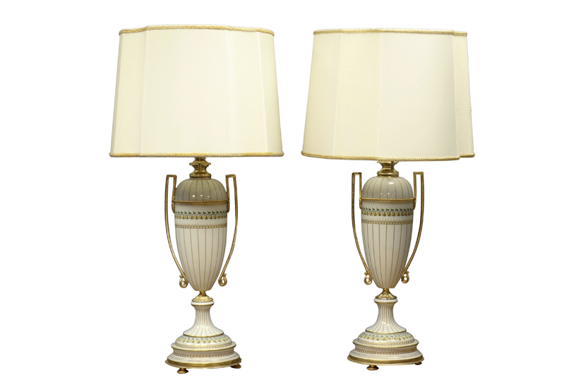 Pair Italian porcelain Mangani table lamps, of classical urn form with applied twin handles,