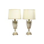 Pair Italian porcelain Mangani table lamps, of classical urn form with applied twin handles,