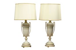 Pair Italian porcelain Mangani table lamps, of classical urn form with applied twin handles,