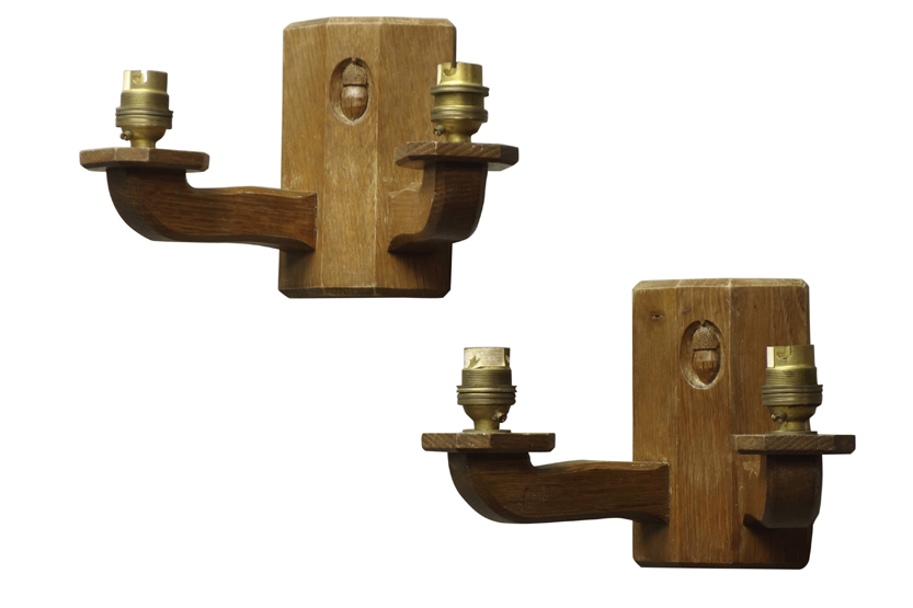 'Acornman' pair oak two branch wall sconces, by Alan Grainger of Brandsby,