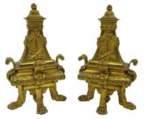Pair of 19th century French ormolu chenet, foliate scroll design, floral swags,