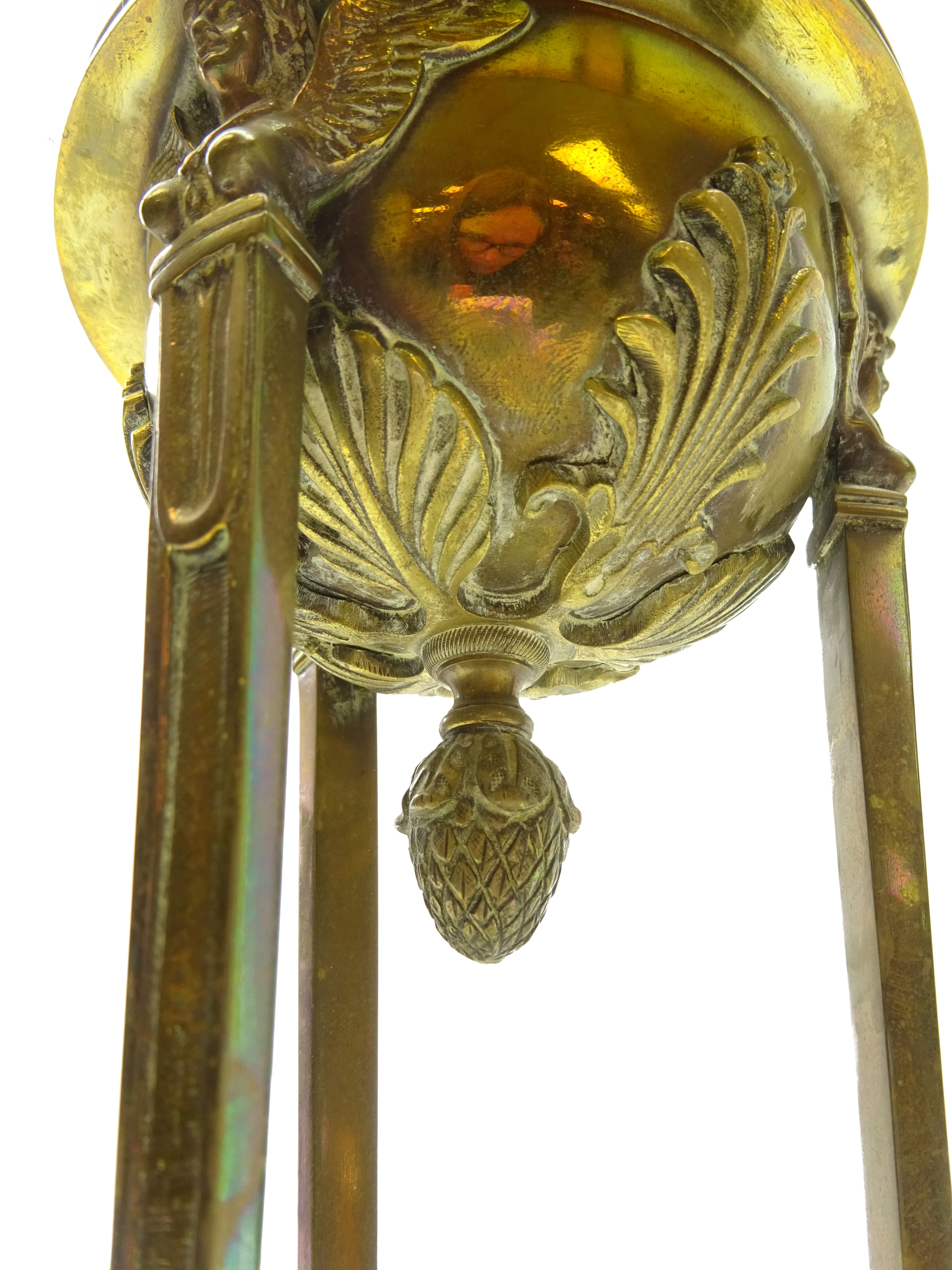 19th century French Neoclassical style brass oil lamp, decorated with three figural winged masks, - Image 3 of 4