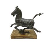 20th Century Chinese Tang Dynasty style bronze Flying Horse of Gansu, on hardwood base,