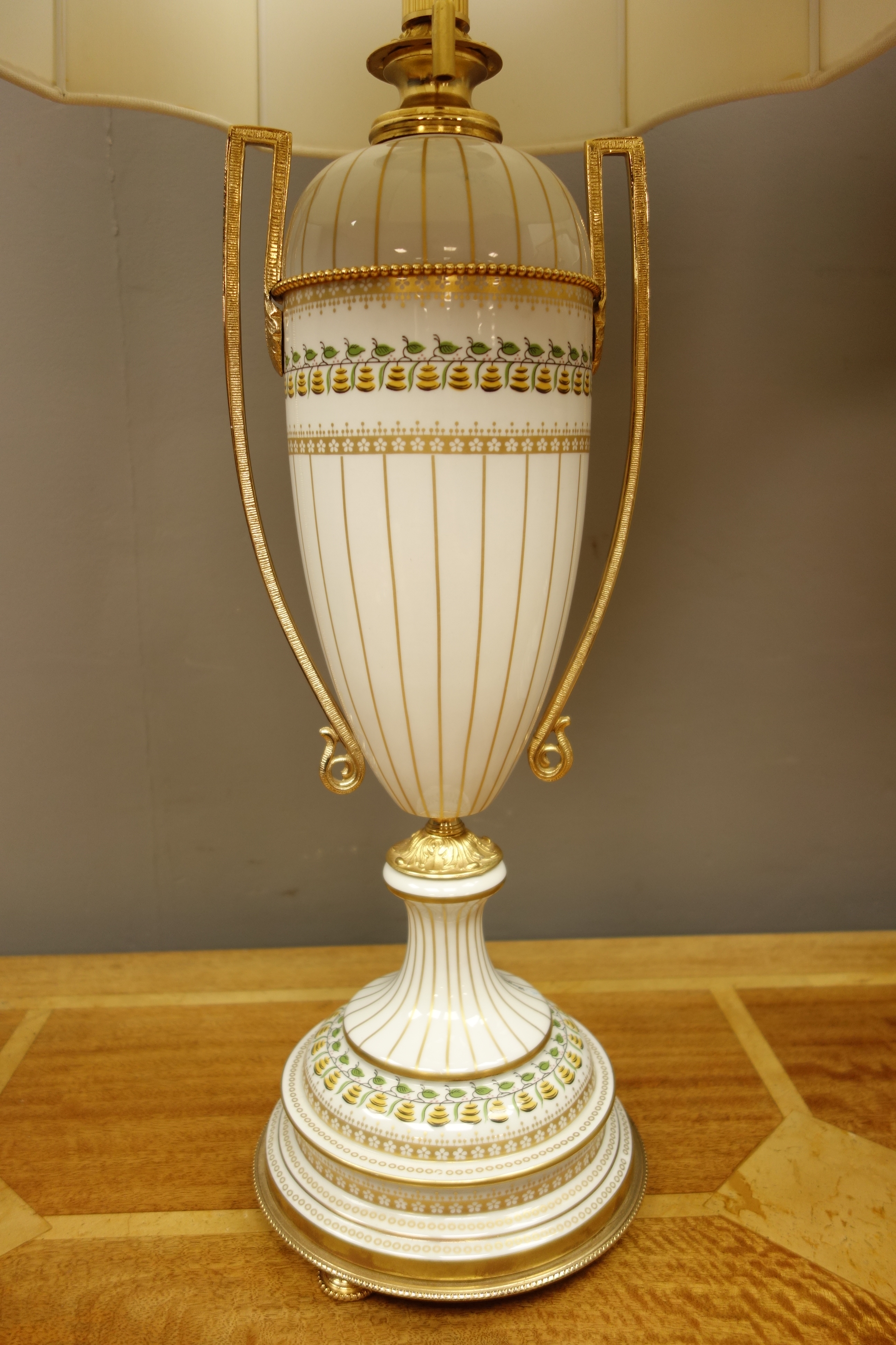 Pair Italian porcelain Mangani table lamps, of classical urn form with applied twin handles, - Image 2 of 2