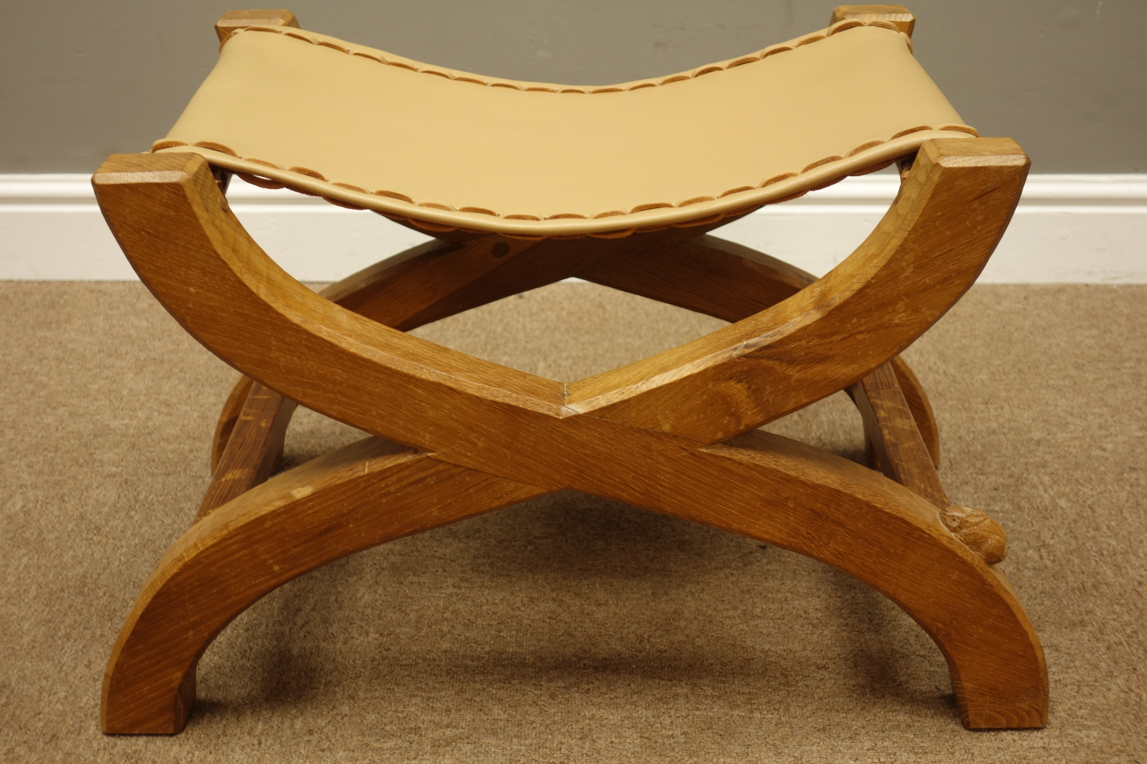 'Rabbitman' curved x-framed stool with slung leather seats, - Image 3 of 3