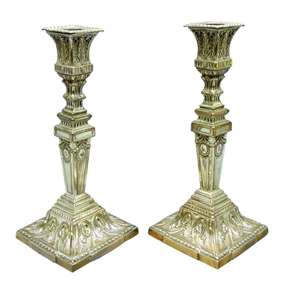 Pair Victorian Sheffield plate candlesticks with pierced scroll work,