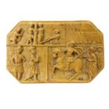 18th century carved yew snuff box, the top carved in relief with allegorical scene,