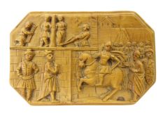18th century carved yew snuff box, the top carved in relief with allegorical scene,