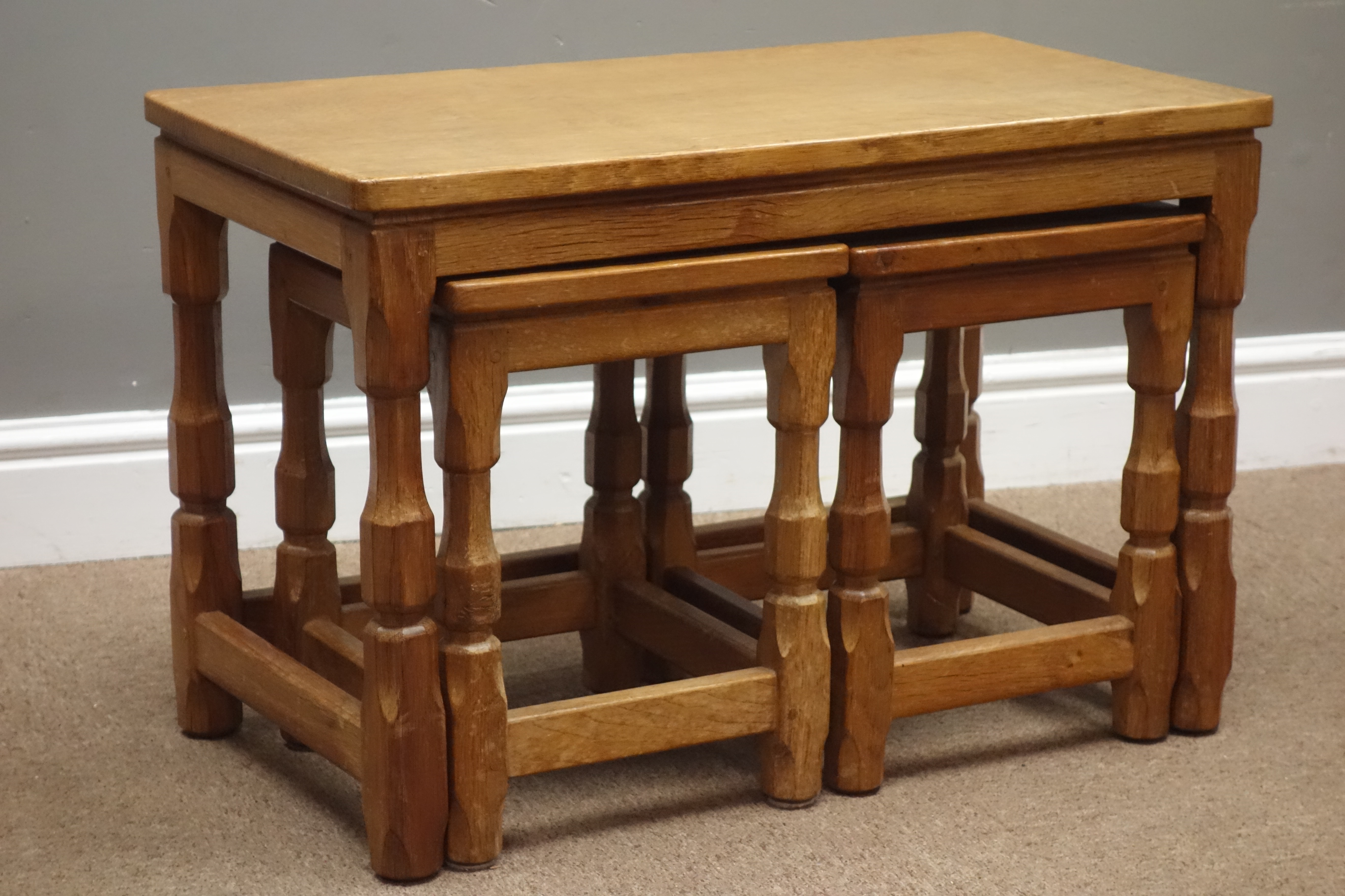 Yorkshire oak - nest of three tables with adzed tops by Sid Pollard of Bagby, 68cm x 37cm,