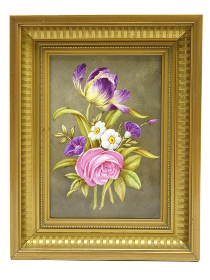 Porcelain plaque painted with still life study of a tulip, roses and other flowers, signed J.