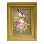 Porcelain plaque painted with still life study of a tulip, roses and other flowers, signed J.