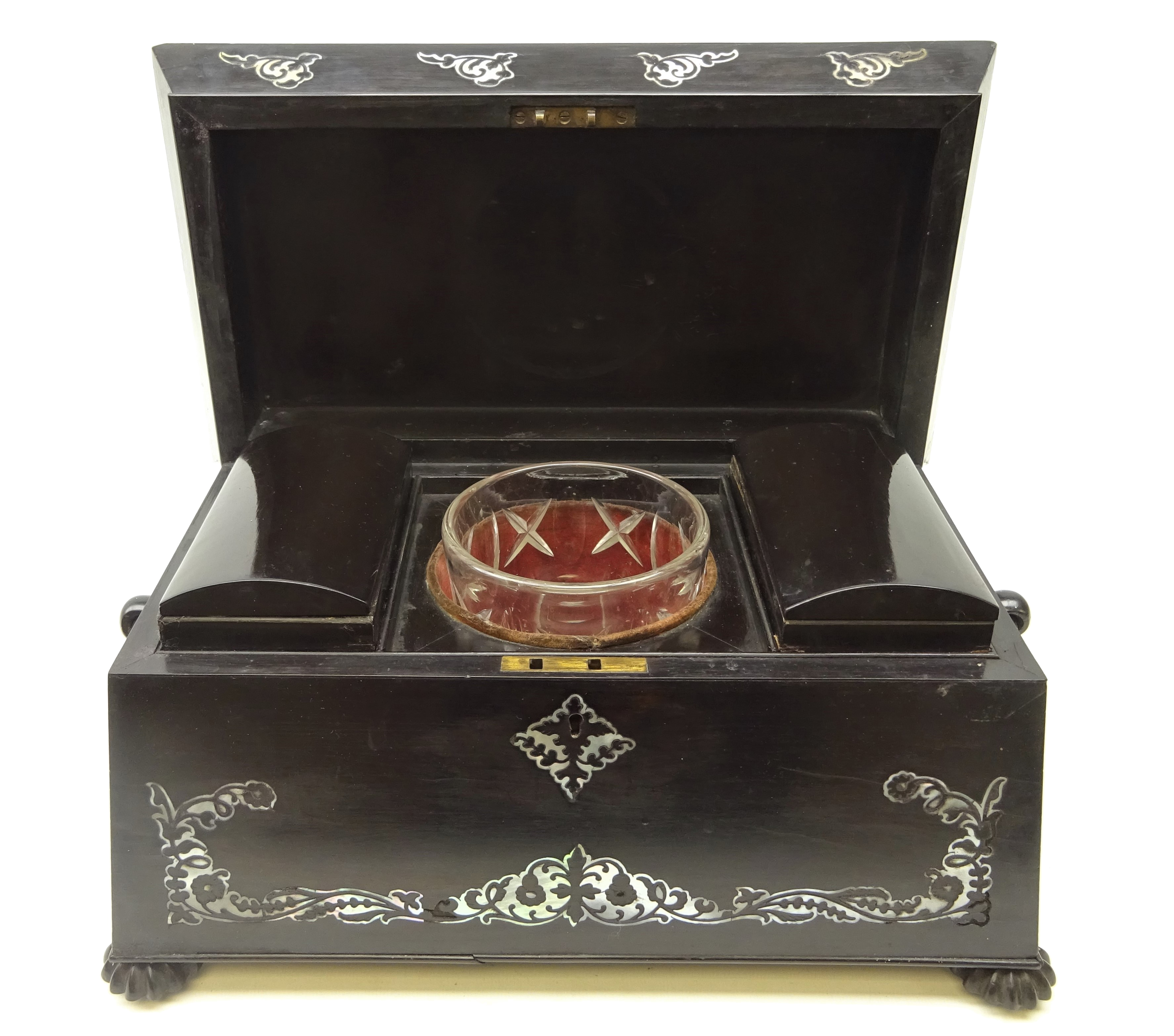 Victorian ebony veneer tea caddy of sarcophagus form, with mother-of-pearl inlay, - Image 2 of 4