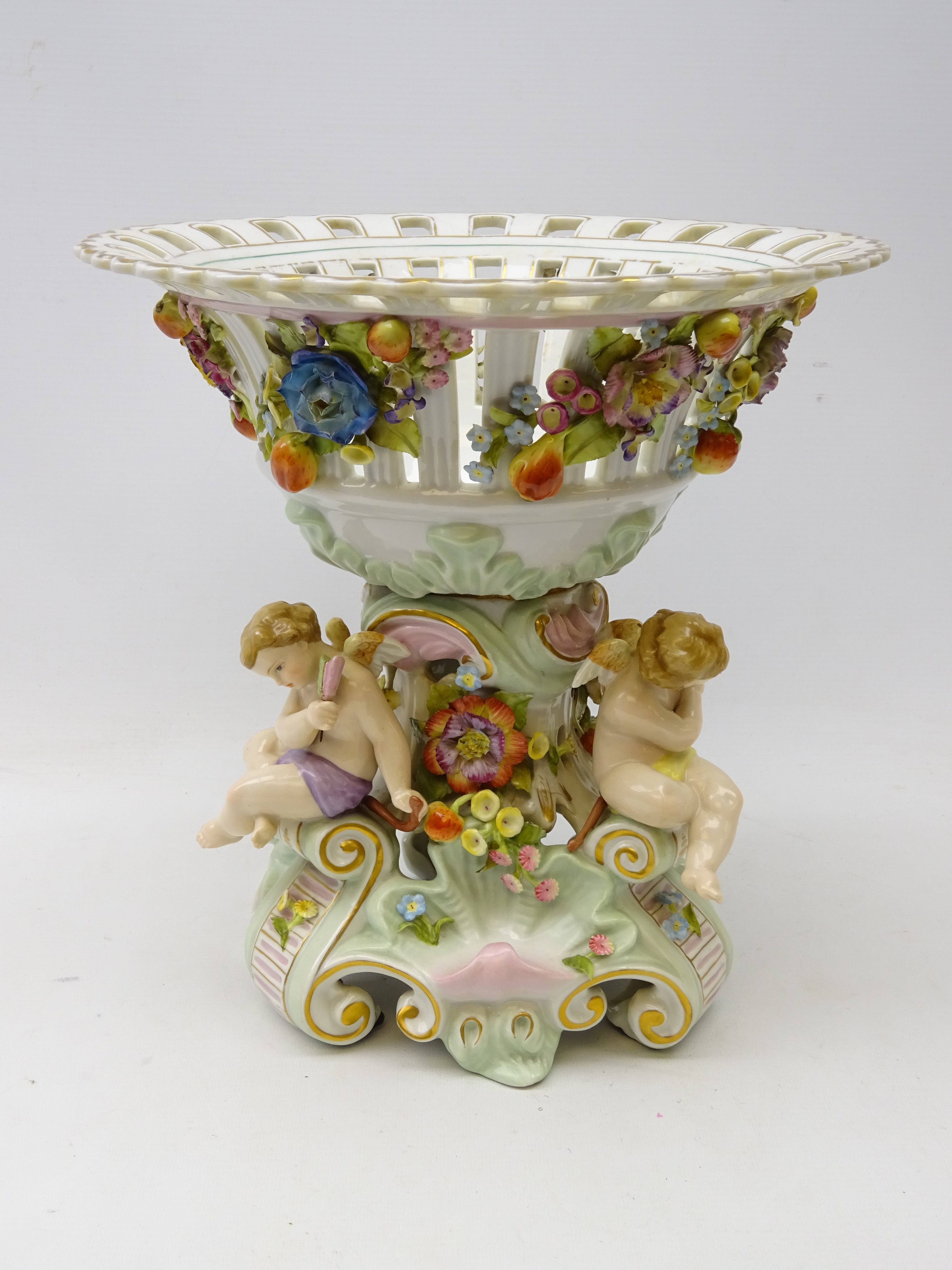 German Sitzendorf porcelain centrepiece, the pierced basket applied with fruit and trailing flowers, - Image 2 of 9