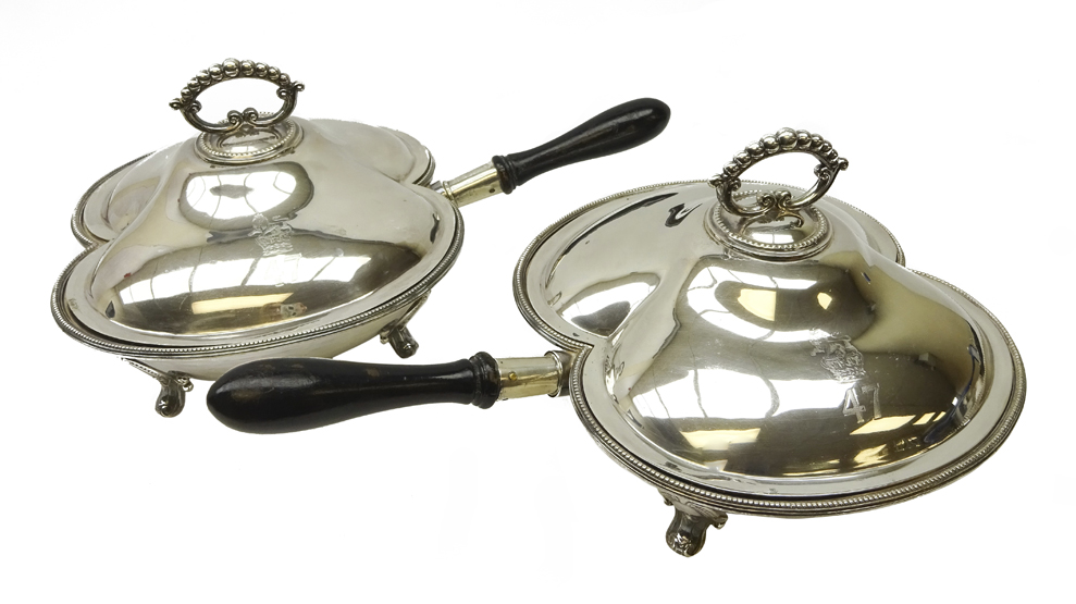 Pair late Victorian silver-plated twin division chafing dishes, by William Hutton & Sons,