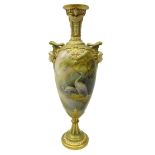 Royal Worcester porcelain twin handled pedestal vase,