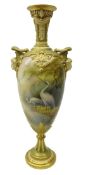 Royal Worcester porcelain twin handled pedestal vase,