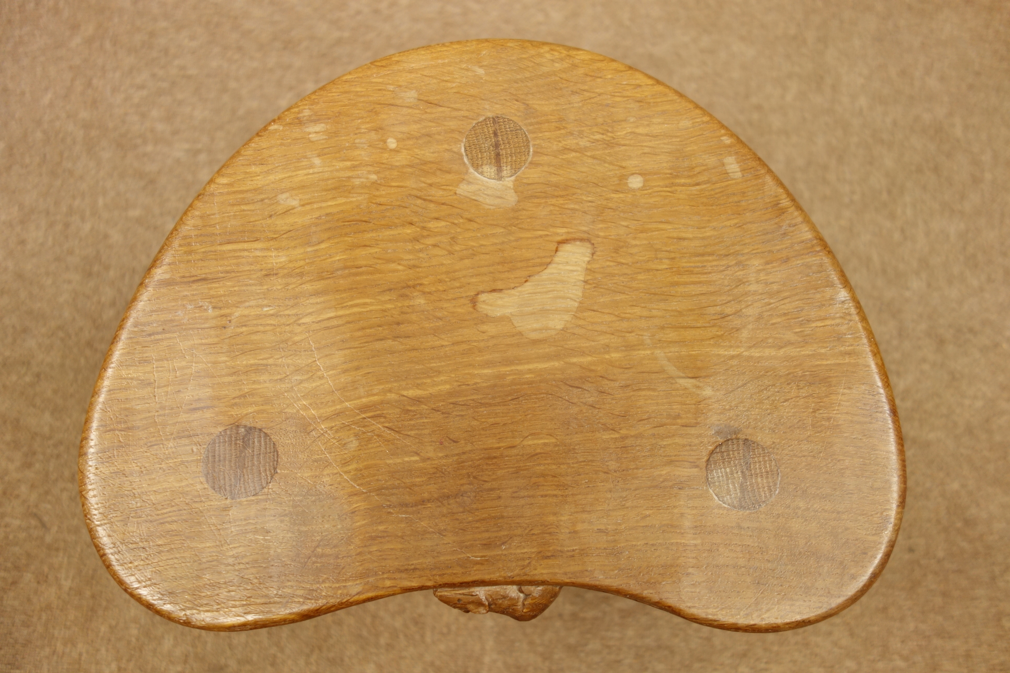 'Mouseman' oak three legged stool, dished adzed seat, by Robert Thompson of Kilburn, - Image 3 of 4