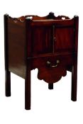 George III mahogany night cabinet, tray top above two crossbanded doors and pull out shallow drawer,