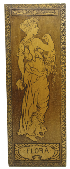 Art Nouveau beech plaque with poker work depicting a maiden and titled 'Flora',