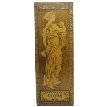 Art Nouveau beech plaque with poker work depicting a maiden and titled 'Flora',