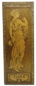 Art Nouveau beech plaque with poker work depicting a maiden and titled 'Flora',