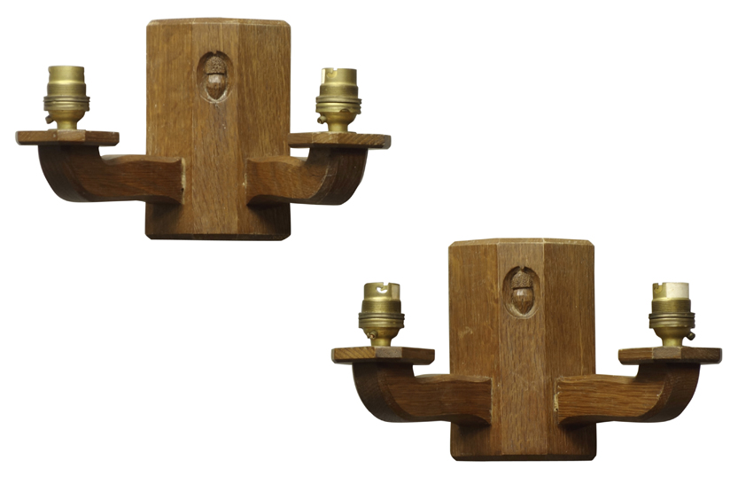 'Acornman' pair oak two branch wall sconces, by Alan Grainger of Brandsby,