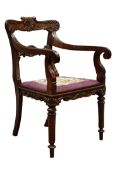 19th century Colonial padouk open armchair with paper scroll and acanthus carved top rail,